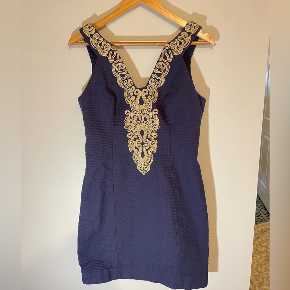 Elegant Navy Blue Dress with Gold Embroidery
